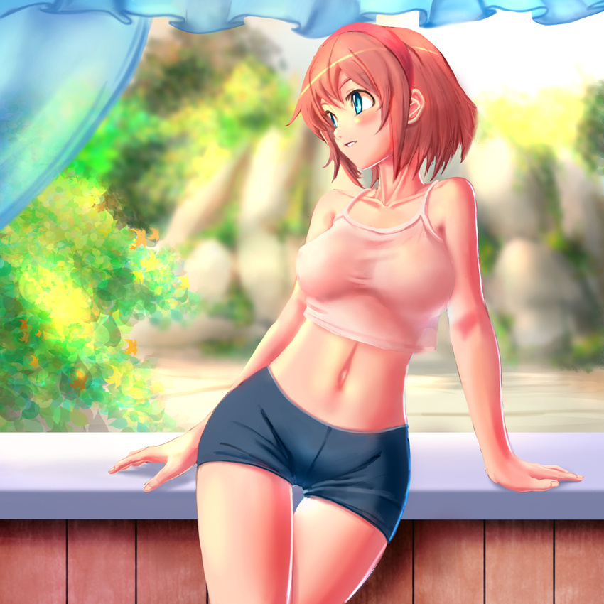 arm_support bad_id bad_pixiv_id bike_shorts blue_eyes blurry blush camisole crop_top crop_top_overhang depth_of_field hairband highres looking_away midriff navel orange_hair original parted_lips ranken see-through short_hair solo standing thigh_gap