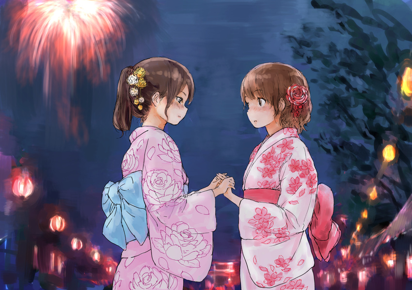 2girls blush fireworks japanese_clothes night original ponytail syou_(endemic_species) yukata yuri