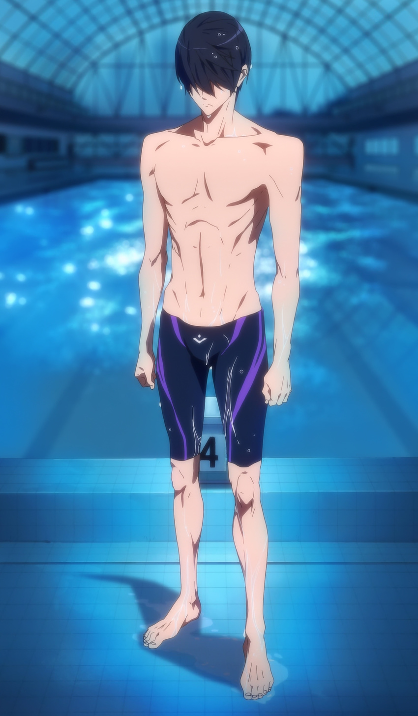 1boy abs absurdres black_hair bulge eyes_hidden free! full_body highres male male_focus muscle nanase_haruka_(free!) screencap short_hair solo swim_trunks swimming_trunks swimsuit topless wet