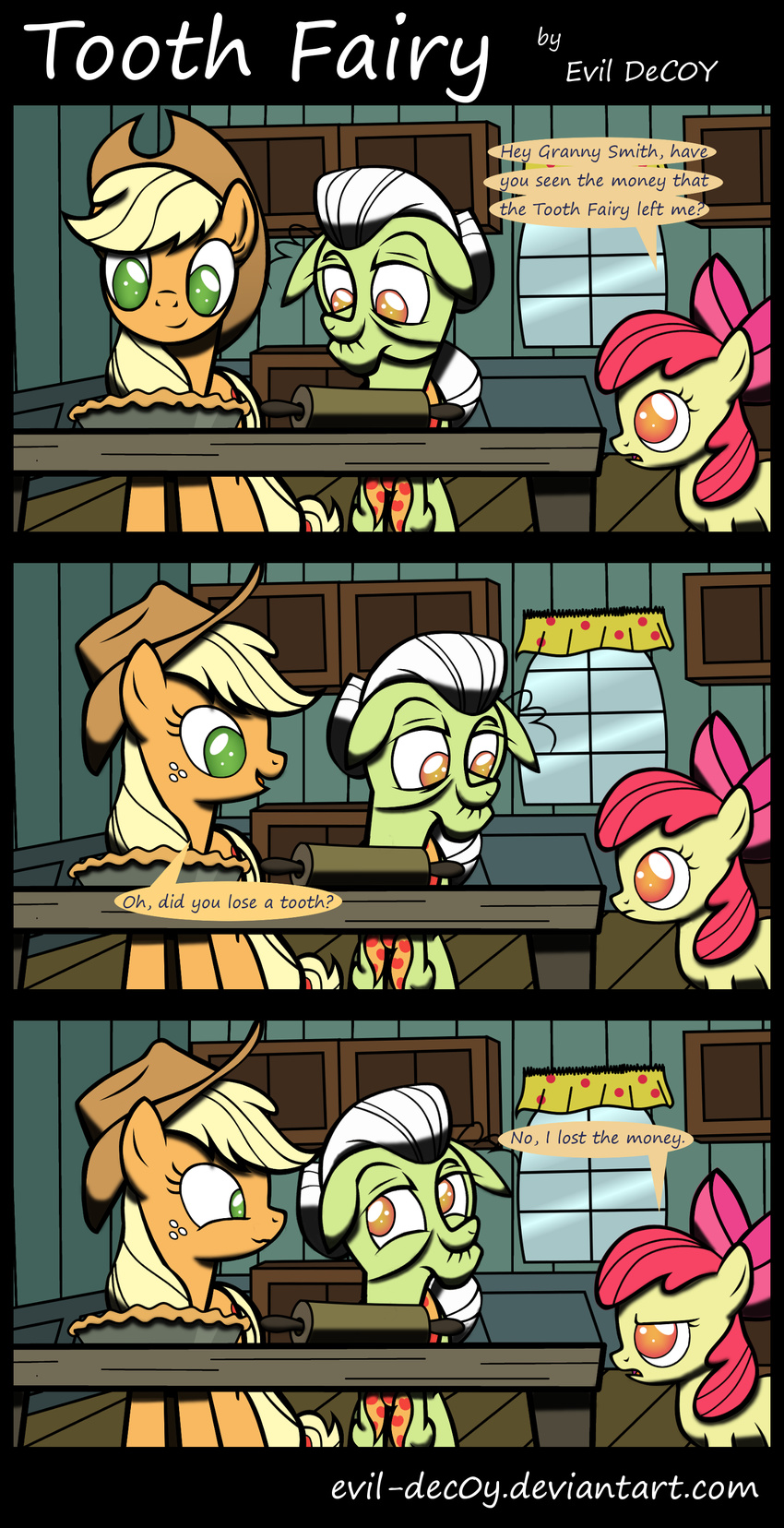 apple_bloom_(mlp) applejack_(mlp) blonde_hair bow comic cowboy_hat cub dialog english_text equine evil-dec0y female feral freckles friendship_is_magic granny_smith_(mlp) green_eyes hair hat horse mammal my_little_pony pie pony red_hair roller table text white_hair window young