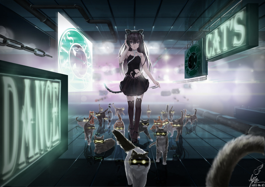 =_= ^_^ absurdres animal_ears bare_shoulders cat cat_ears chain closed_eyes english full_body fur glowing glowing_eyes goggles highres leung_lik_hang long_hair looking_at_viewer original pipes reflection ribbon sign signature thighhighs too_many too_many_cats walking yellow_eyes