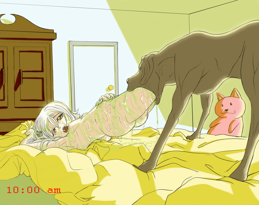 bedroom blanket breasts butt canine dog emetophilia female feral fur grey_fur hair human lying male mammal nipples nude on_bed open_mouth penetration plushie post_vore saliva slime teeth thebigbrap tongue vomit vorarephilia vore weimaraner white_hair