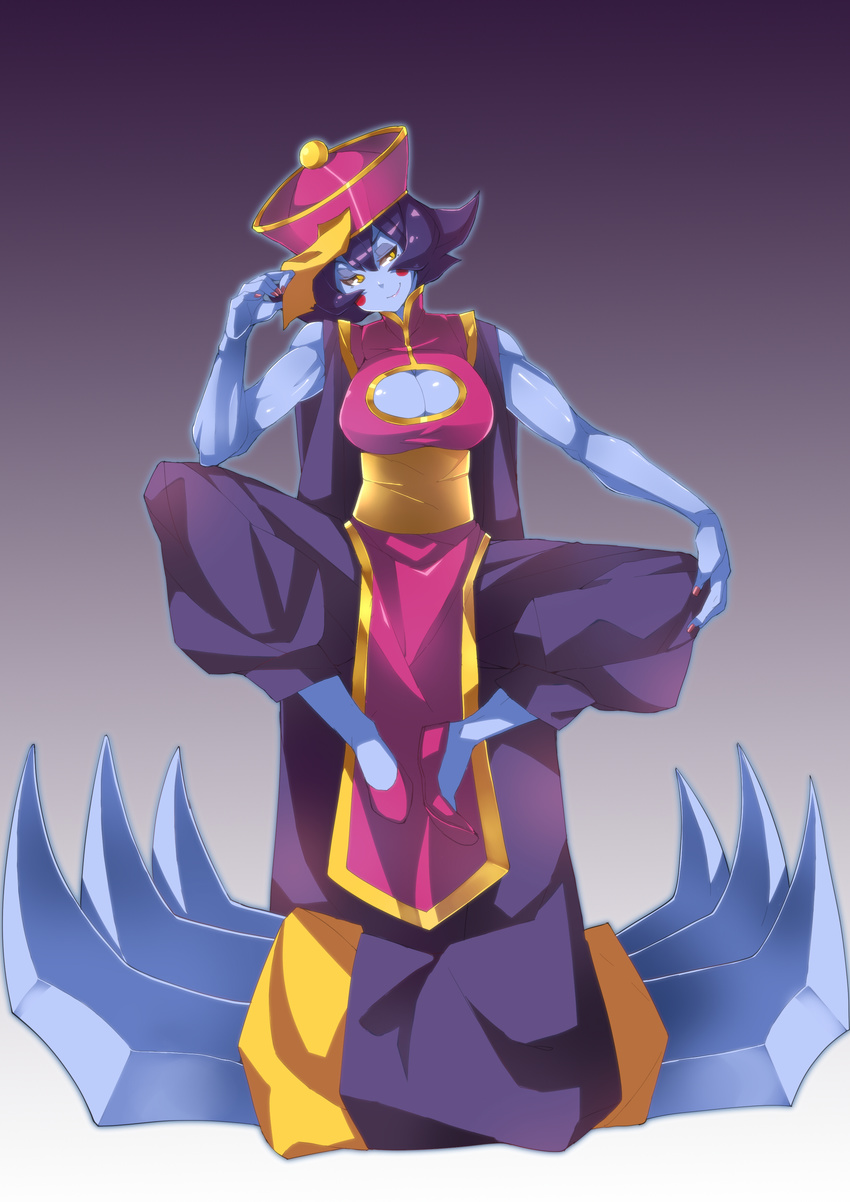absurdres blue_skin blush_stickers breasts claws cleavage cleavage_cutout flipped_hair full_body hat highres jiangshi large_breasts lei_lei makai purple_hair short_hair vampire_(game) yellow_eyes
