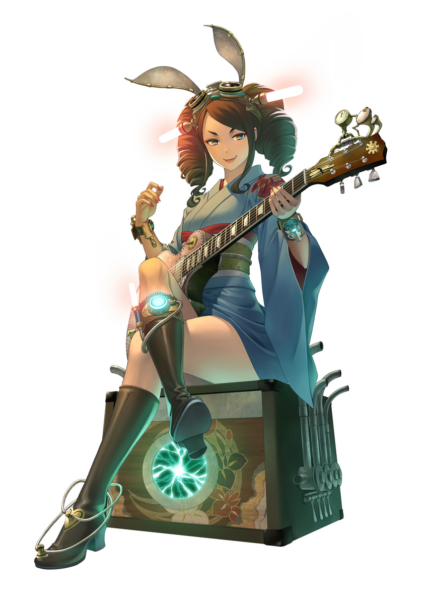 blue_eyes boots bracelet brown_hair crossed_legs drill_hair full_body goggles goggles_on_head guitar high_heels highres instrument japanese_clothes jewelry kimono knee_boots lipstick looking_at_viewer makeup nail_polish original shoes simple_background sitting smile solo steampunk symbol-shaped_pupils terumii