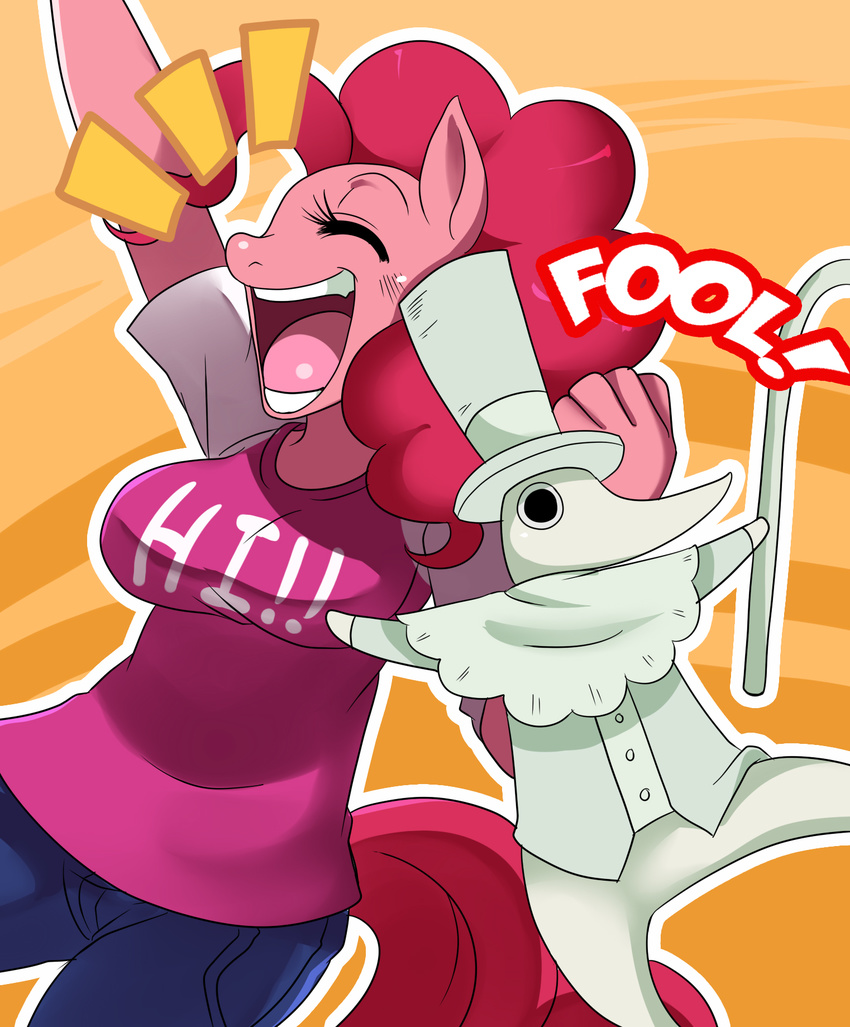 anthrofied big_breasts breasts cane clothing crossover english_text equine excalibur eyes_closed female friendship_is_magic hair hat horse male mammal my_little_pony open_mouth pink_hair pinkie_pie_(mlp) pony smile soul_eater sssonic2 text tongue top_hat