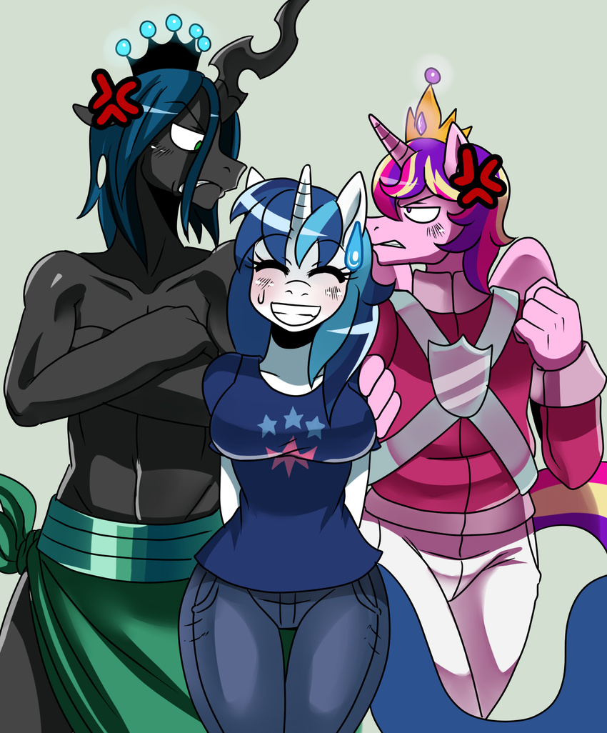 angry anthro anthrofied breasts changeling clothing crossgender crown equine eye_contact eyes_closed female friendship_is_magic horn horse male mammal my_little_pony pony princess_cadance_(mlp) queen_chrysalis_(mlp) shining_armor_(mlp) smile sssonic2 topless unicorn winged_unicorn wings