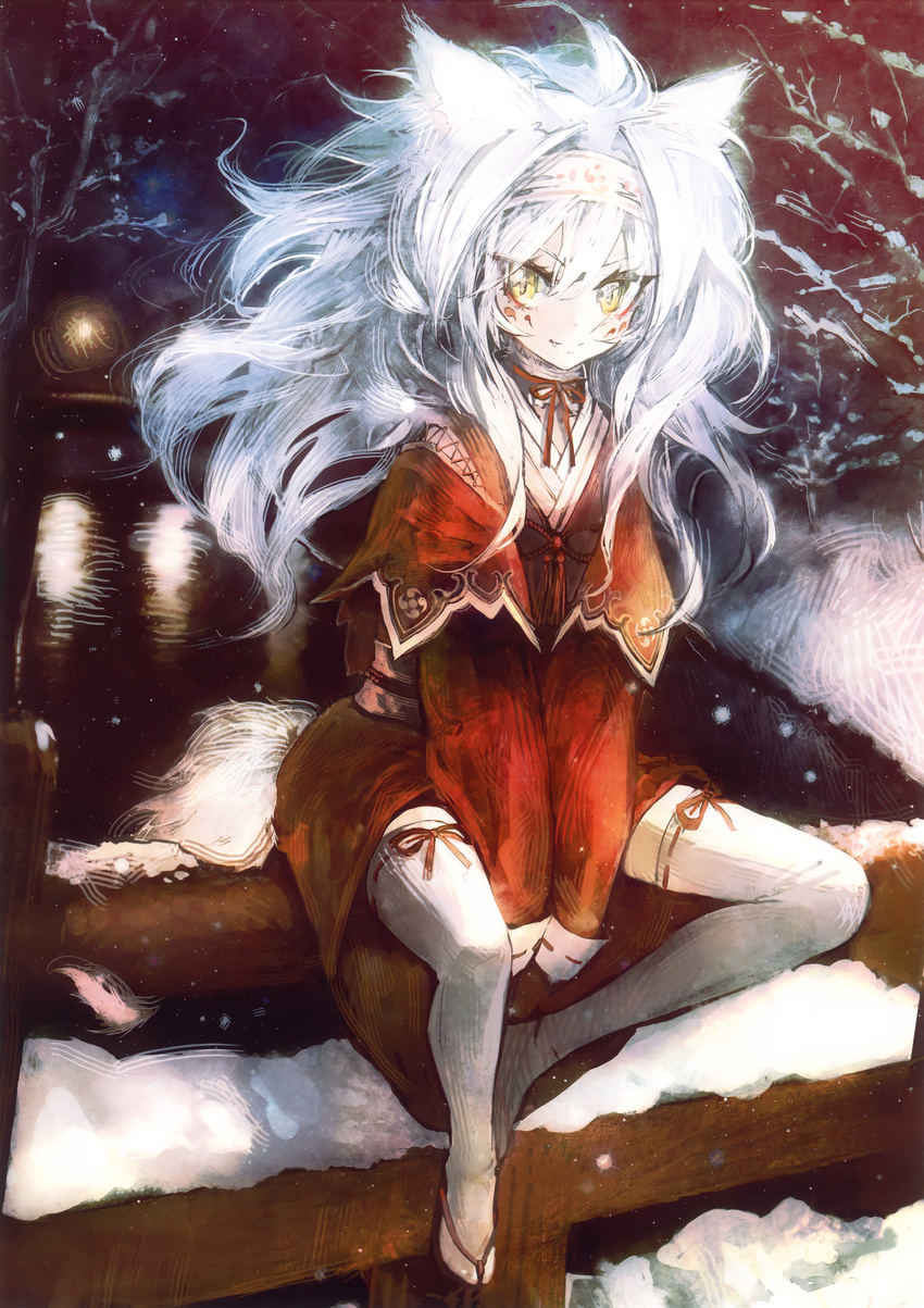 absurdres animal_ears banpai_akira facial_mark fang fox_ears fox_tail hairband highres long_hair looking_at_viewer original scan sitting solo tail thighhighs white_hair yellow_eyes