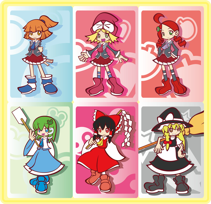 &gt;_&lt; ahoge amitie_(puyopuyo) andou_ringo arle_nadja black_hair blazer blonde_hair blue_eyes bow broom brown_eyes brown_hair closed_eyes crossover dress drill_hair gohei green_eyes green_hair grin hair_bow hair_ornament hair_ribbon hair_tubes hairclip hakurei_reimu half_updo hand_on_hip hands_on_hips hat highres jacket kirisame_marisa kochiya_sanae long_hair madou_monogatari multiple_girls necktie parody puyopuyo puyopuyo_7 puyopuyo_fever red_dress red_eyes red_hair ribbon school_uniform shoes short_hair skirt smile style_parody takenami_hideyuki_(style) touhou twin_drills twintails y&amp;k