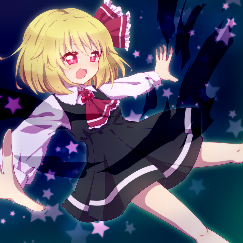 ascot bad_id bad_pixiv_id blonde_hair bow fang hair_ribbon highres long_sleeves matsuri_(powq) open_mouth outstretched_arms red_eyes ribbon rumia shirt short_hair skirt smile solo touhou vest