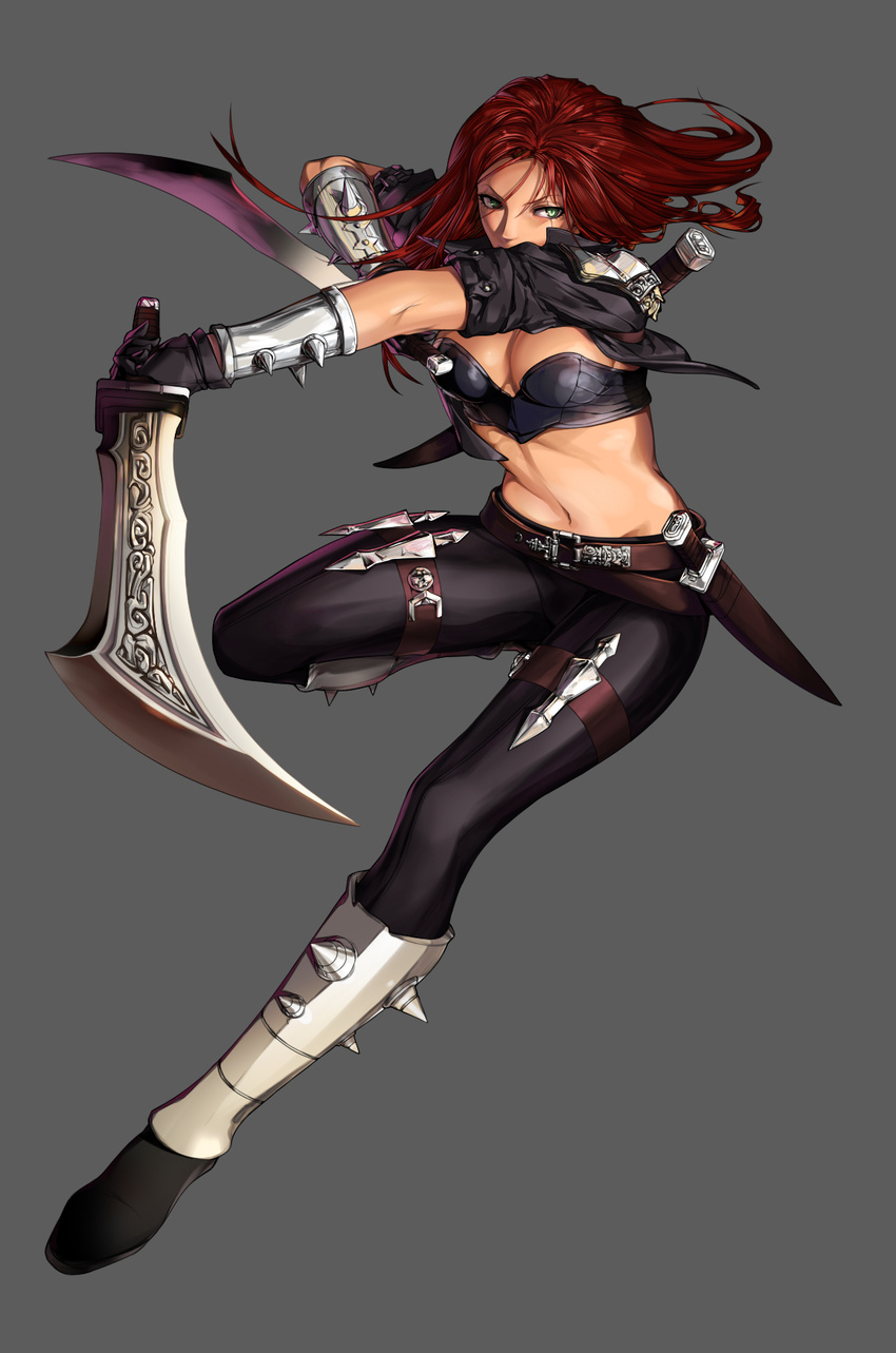 bad_id bad_pixiv_id belly blade breasts dual_wielding green_eyes grey_background highres holding katarina_du_couteau knife league_of_legends long_hair medium_breasts midriff navel red_hair simple_background solo ultra00