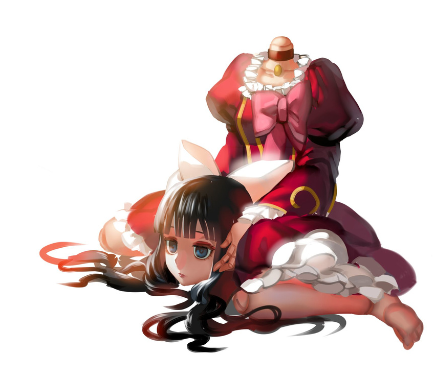 aya_drevis bad_end bangs black_hair blunt_bangs bow disembodied_head doll doll_joints dress empty_eyes frills hair_bow hair_ornament highres holding horror_(theme) mad_father otaku_(artist) sitting solo spoilers twintails wariza