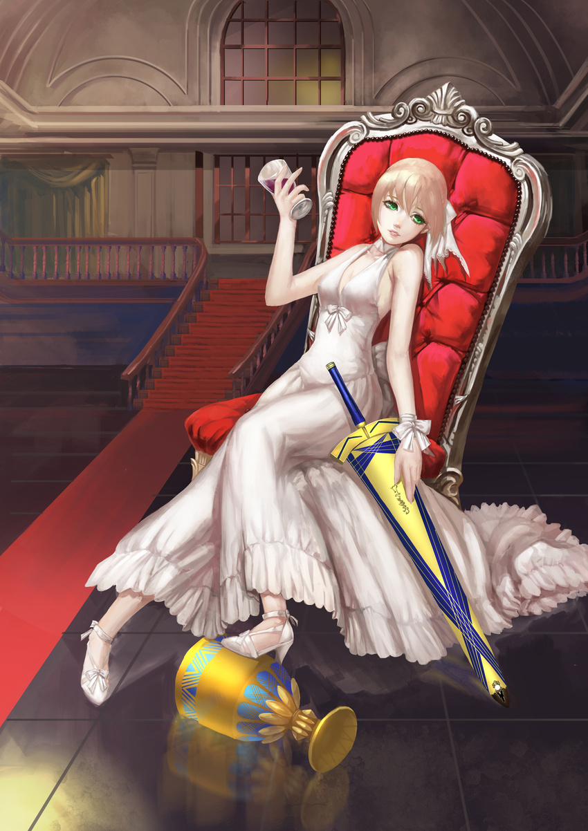 ahoge alcohol artoria_pendragon_(all) avalon_(fate/stay_night) blonde_hair cup dress drinking_glass excalibur fate/stay_night fate_(series) formal grail green_eyes high_heels highres hq19910119 realistic saber sheath sheathed shoes sword weapon white_dress wine wine_glass