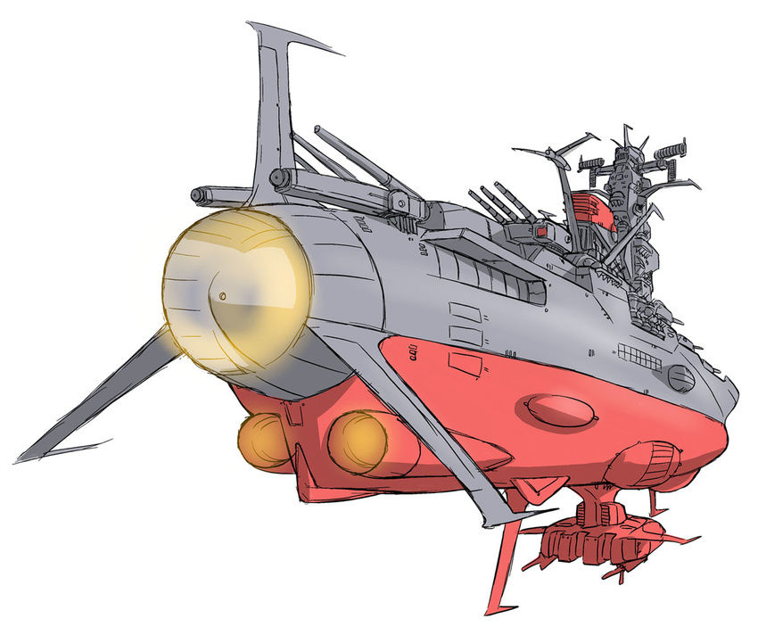 exhaust gomamiso_(gomamiso_sp) no_humans simple_background sketch space_craft turret uchuu_senkan_yamato white_background