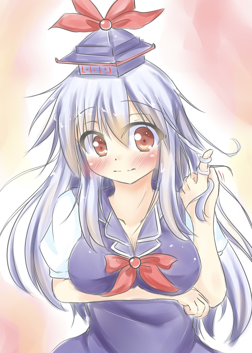 absurdres blue_dress blue_hair blush breast_hold breast_lift breasts collarbone dress hair_twirling hand_in_hair hat highres kamishirasawa_keine kuzumomo large_breasts long_hair looking_at_viewer neckerchief red_eyes silver_hair smile solo touhou upper_body very_long_hair wavy_mouth