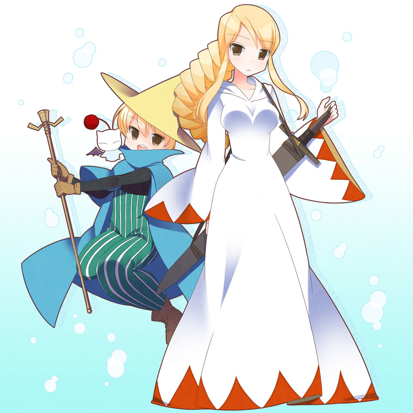 1boy 1girl agrias_oaks black_mage blonde_hair blush braid breasts brown_eyes cadd_kiriyama cloak final_fantasy final_fantasy_tactics frown hat highres long_hair moogle open_mouth ramza_beoulve robe short_hair smile square_enix staff standing sword weapon white_mage white_mage_(fft)