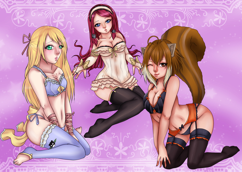 3girls arc_system_works basque blazblue blazblue:_continuum_shift blonde_hair blue_eyes bow breasts brown_eyes brown_hair chisana-neko corset green_eyes hair_ornament highres large_breasts lingerie makoto_nanaya multiple_girls noel_vermillion red_hair ribbon stockings suspenders thighhighs tsubaki_yayoi underwear