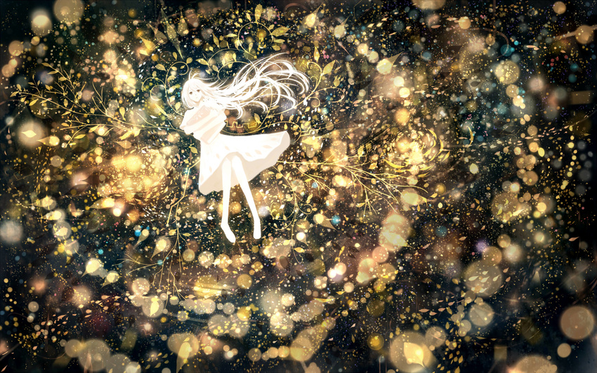 barefoot blonde_hair dress highres holding long_hair looking_at_viewer original sakimori_(hououbds) sky solo star_(sky) starry_sky white_dress yellow_eyes