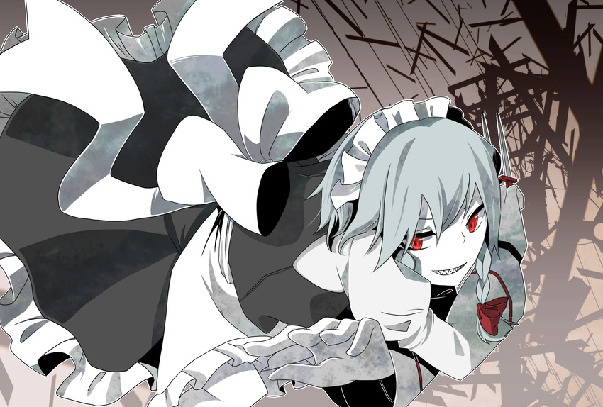 bad_id bad_pixiv_id bow braid highres izayoi_sakuya knife maid maid_headdress monochrome red_eyes ribbon sharp_teeth short_hair silver_hair solo spot_color teeth touhou twin_braids