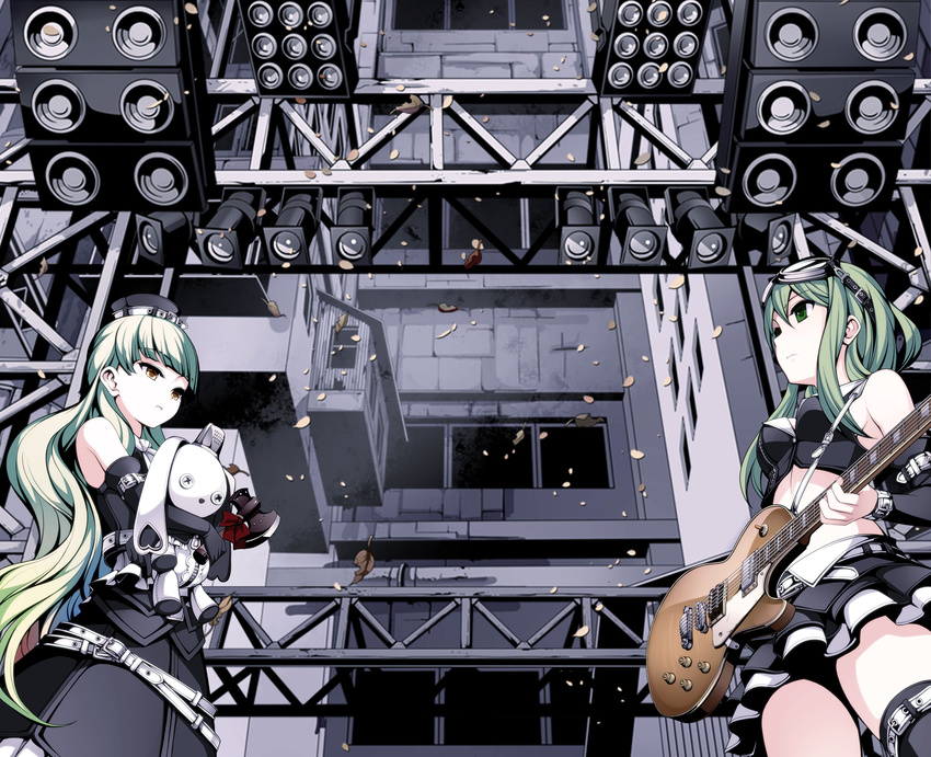 axe belt gibson green_eyes green_hair guitar gumi highres instrument les_paul long_hair mayu_(vocaloid) multiple_girls stage stuffed_animal stuffed_bunny stuffed_toy torigoe_takumi usano_mimi vocaloid weapon yellow_eyes