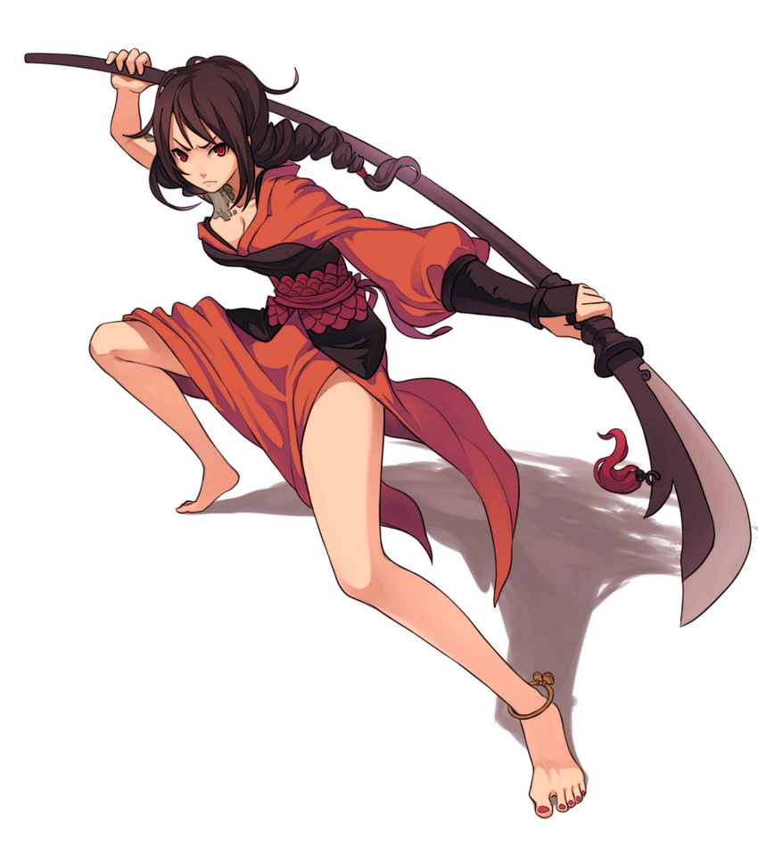 ankle_bell anklet bare_legs barefoot bell braid brown_hair feet fighting_stance fkey full_body guan_dao highres japanese_clothes jewelry kimono original polearm ponytail red_eyes simple_background solo tattoo toenail_polish weapon white_background
