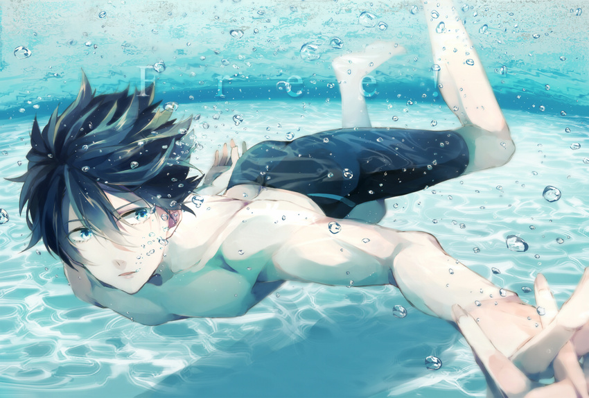 bad_id bad_pixiv_id blue_eyes blue_hair bubble free! jammers male_focus nameco3 nanase_haruka_(free!) shirtless solo_focus swimsuit underwater watermark