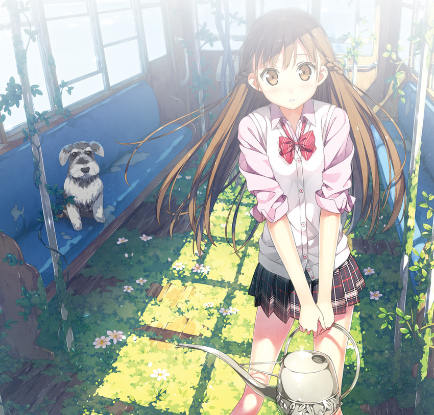 bow bowtie brown_eyes brown_hair dog flower half_updo kantoku long_hair looking_at_viewer original overgrown parted_lips perspective plaid plaid_skirt plant pleated_skirt school_uniform skirt sleeves_folded_up solo train_interior vest vines watering_can