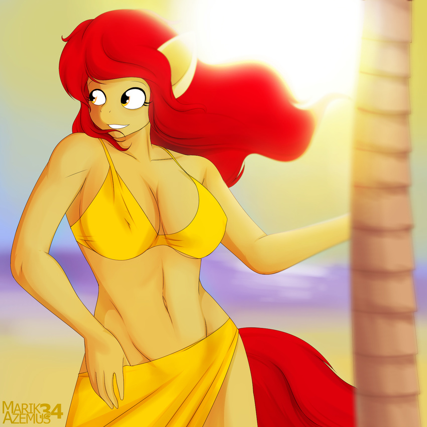 amber_eyes anthro anthrofied apple_bloom_(mlp) beach bikini breasts clothing day equine female friendship_is_magic hair horse looking_away mammal marik_azemus34 my_little_pony navel outside palm_tree pony red_hair sand sea seaside solo standing sun swimsuit tight_clothing water
