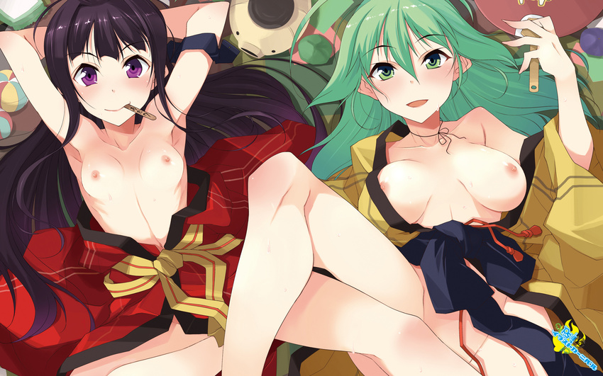 2girls breasts japanese_clothes kimono multiple_girls nipples no_bra