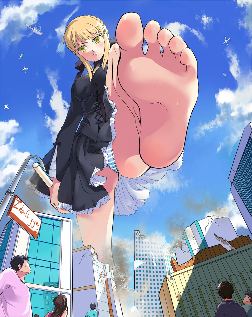 barefoot blonde_hair blush character_request destruction fate/stay_night fate_(series) feet giantess highres hte222 panties pov_feet saber saber_alter sky soles striped striped_panties sweat toes underwear yellow_eyes