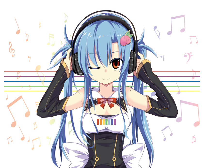 alternate_costume alternate_hairstyle blue_hair blush detached_collar detached_sleeves hair_ornament headphones highres hinanawi_tenshi long_hair looking_at_viewer maturiuta_sorato musical_note one_eye_closed red_eyes smile solo touhou twintails