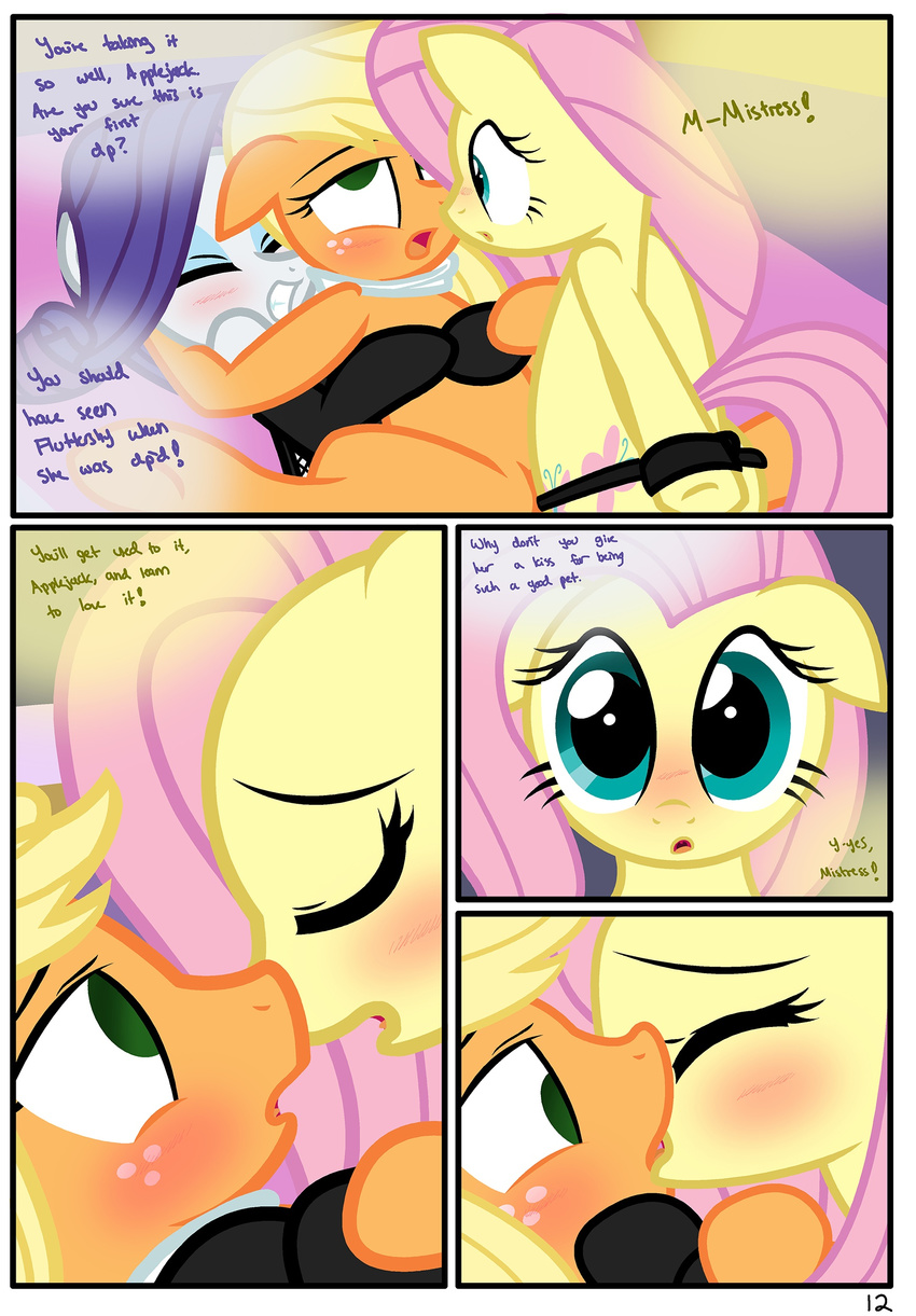 anal applejack_(mlp) blonde_hair comic cutie_mark dialog dildo double_penetration english_text equine female fluttershy_(mlp) freckles friendship_is_magic fur green_eyes group hair horse kissing lesbian mammal my_little_pony orange_fur penetration pink_hair pony purple_hair pyruvate rarity_(mlp) sex_toy strapon text white_fur yellow_fur