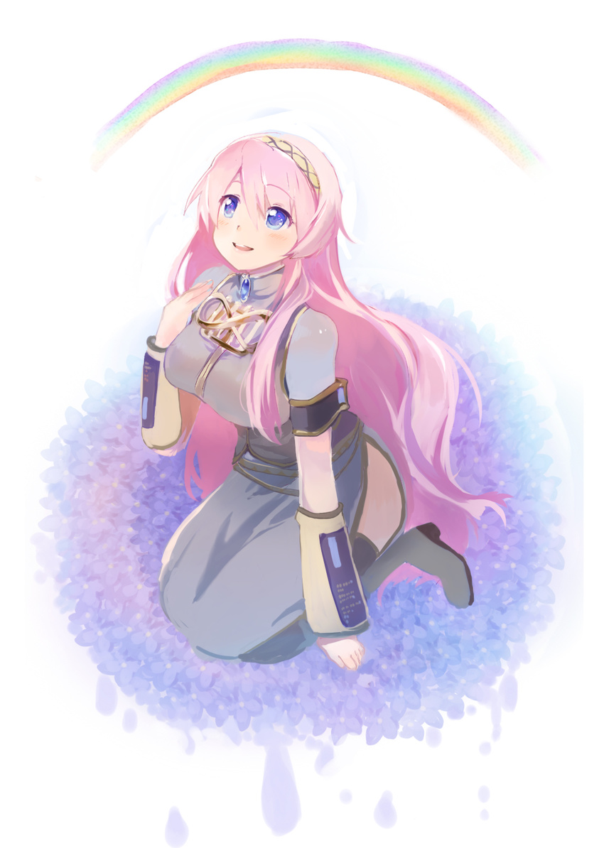 bad_id bad_pixiv_id blue_eyes hairband highres kneeling long_hair looking_up megurine_luka open_mouth pink_hair rainbow smile solo thighhighs ume_(plumblossom) very_long_hair vocaloid