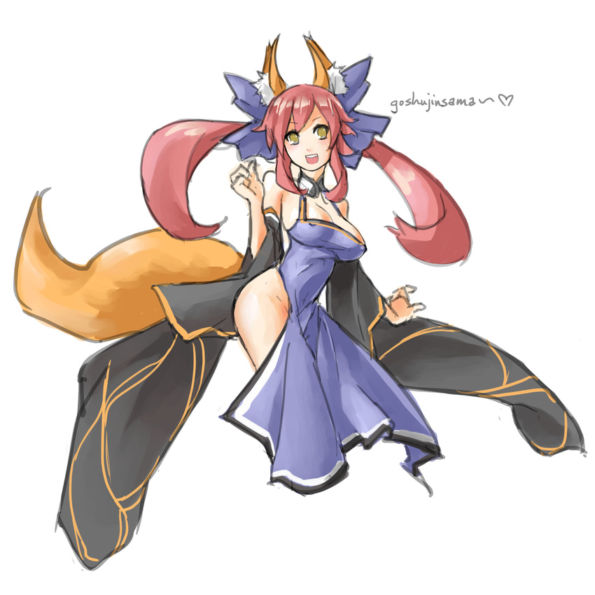 absurdres animal_ears bow breasts cleavage detached_collar detached_sleeves dress eu03 fate/extra fate_(series) fox_ears fox_tail hair_bow highres large_breasts pink_hair side_slit solo tail tamamo_(fate)_(all) tamamo_no_mae_(fate) twintails wide_sleeves yellow_eyes