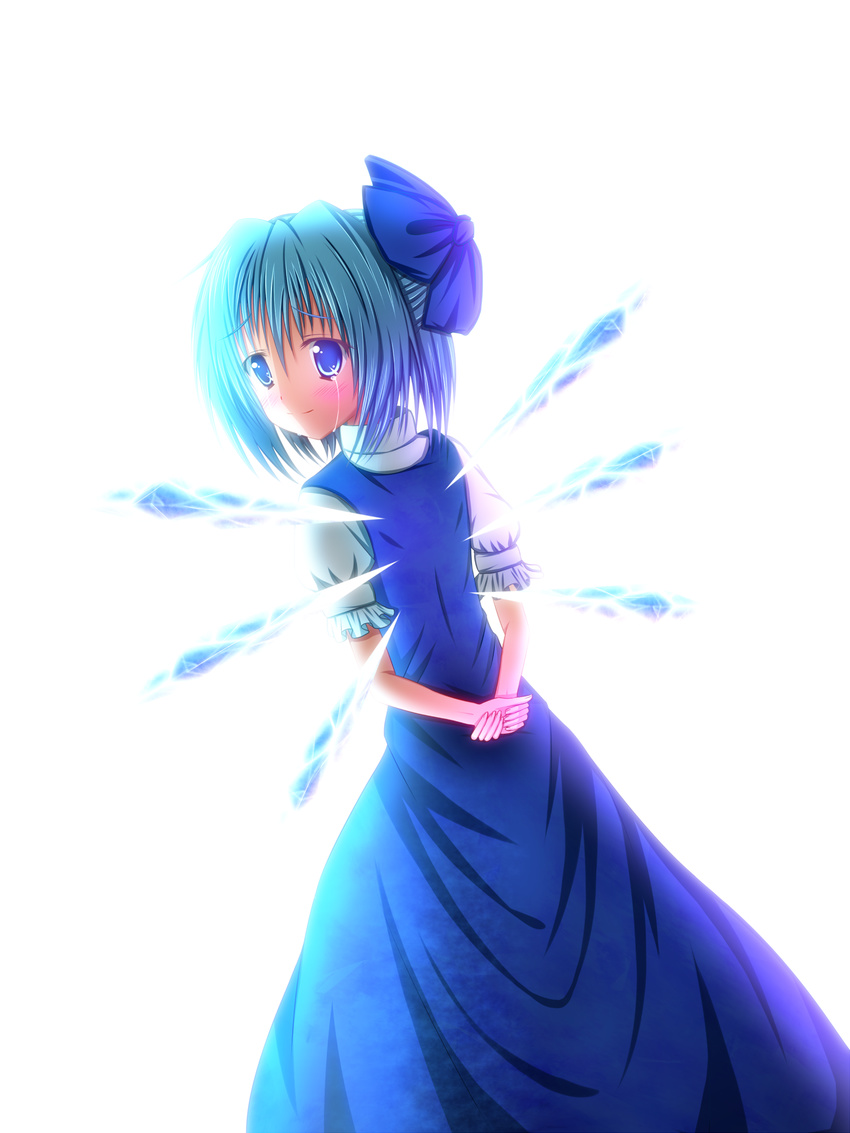 arms_behind_back bad_id bad_pixiv_id blue_eyes blue_hair blush bow cirno crying dress hair_bow highres ice ice_wings kanntokuxxx looking_back short_hair smile solo tears touhou wings