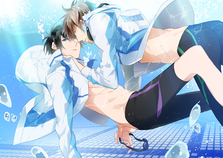 blue_eyes blue_hair brown_hair bubble free! goggles green_eyes jacket jammers kurisu_takumi legskin male_focus multiple_boys nanase_haruka_(free!) swimsuit tachibana_makoto underwater yaoi