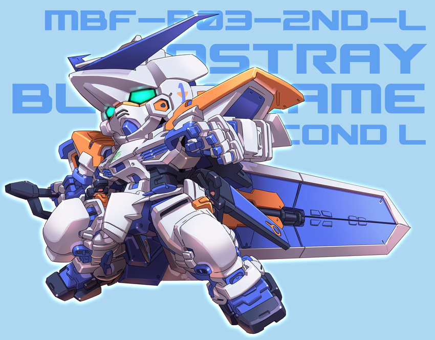 character_name chibi gundam gundam_astray_blue_frame gundam_seed gundam_seed_astray huge_weapon king_of_unlucky mecha no_humans simple_background solo sword weapon