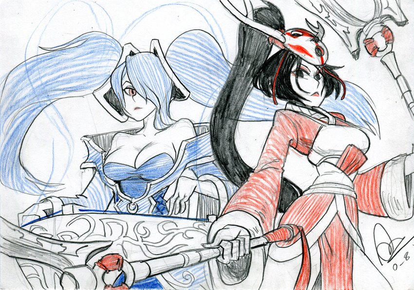 2girls akali alex_ahad antlers bare_shoulders black_hair blood_moon_akali blue_hair breasts cleavage dual_wielding eyeshadow hair_over_one_eye high_ponytail large_breasts league_of_legends lipstick long_hair makeup mask multiple_girls photo polearm red_eyes sketch slender_waist sona_buvelle traditional_media twintails very_long_hair weapon
