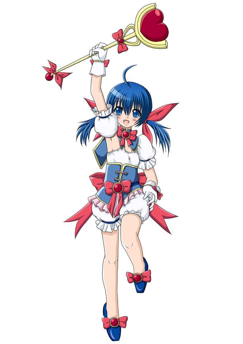 absurdres ahoge alternate_costume arm_up bloomers blue_eyes blue_hair blush_stickers detached_sleeves fatal_fury flat_chest futaba_hotaru gloves hair_ribbon highres long_hair magical_girl mark_of_the_wolves puffy_short_sleeves puffy_sleeves regular_mow ribbon short_sleeves smile snk solo twintails underwear wand white_background white_gloves