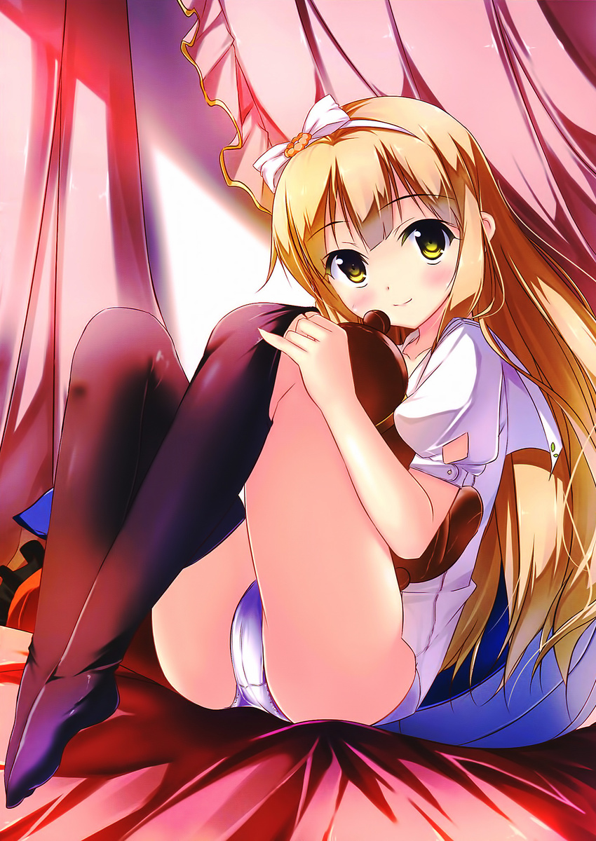 azuki_azusa bangs bed black_legwear blonde_hair blunt_bangs blush bottomless bow curtains green_eyes hair_bow hentai_ouji_to_warawanai_neko. highres kaho_okashii knees_up legs long_hair looking_at_viewer panties pantyshot pantyshot_(sitting) school_uniform sitting thighhighs underwear undressing white_panties