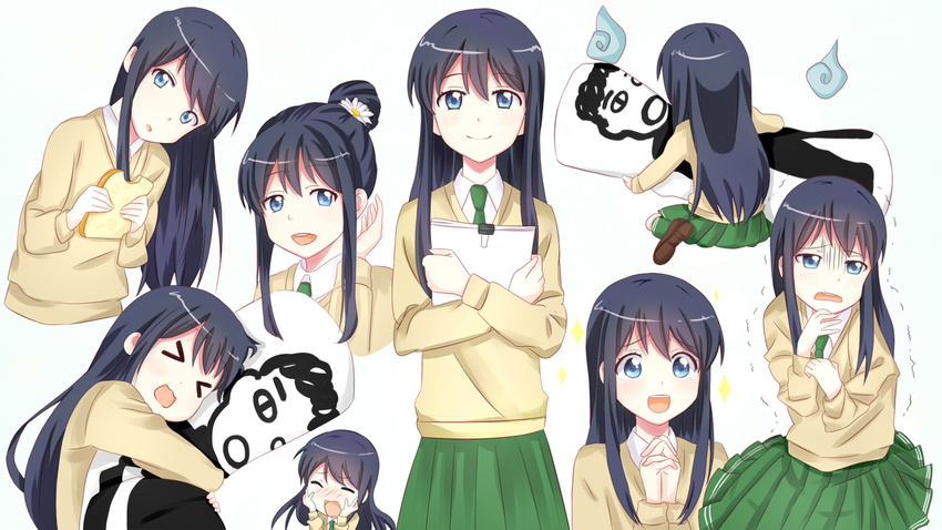 &gt;_&lt; :o blue_eyes blue_hair cardigan closed_eyes dakimakura_(object) expressions fishchan flower hair_bun hair_flower hair_ornament hands_clasped hands_on_own_cheeks hands_on_own_face holding long_hair looking_at_viewer love_lab maki_natsuo necktie open_mouth own_hands_together pillow pillow_hug pleated_skirt school_uniform sidelocks simple_background skirt smile white_background