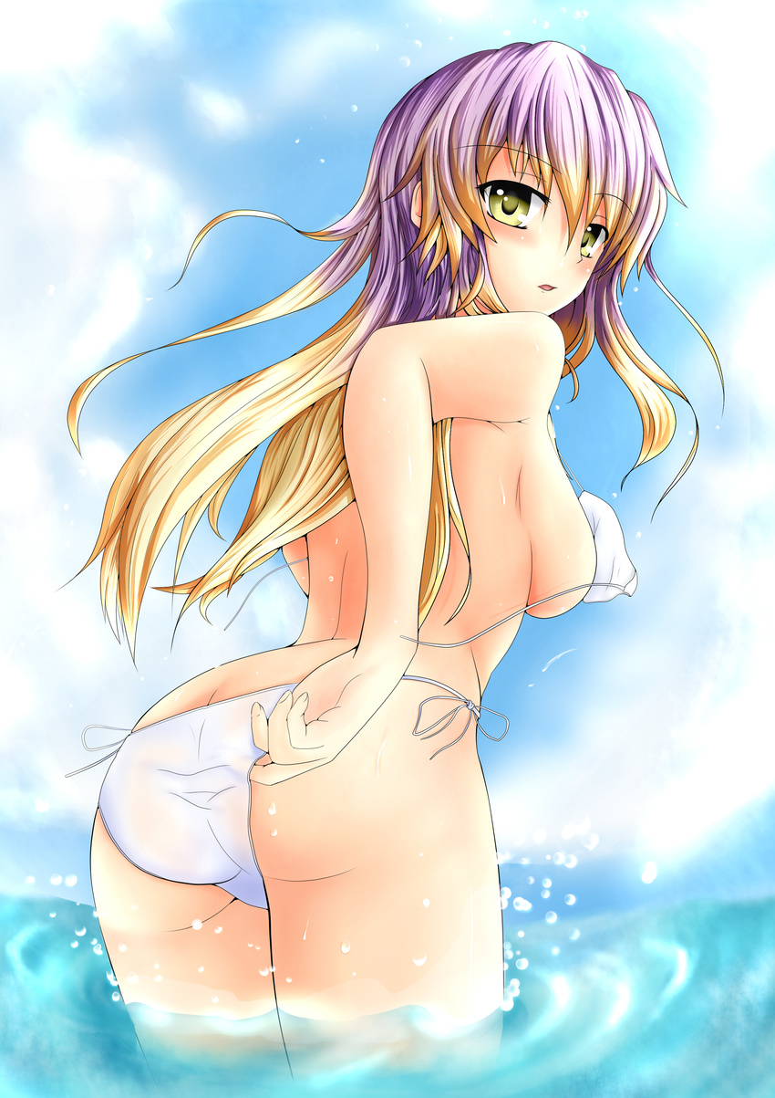 absurdres adjusting_clothes adjusting_swimsuit ass back bad_id bad_pixiv_id bikini blonde_hair breasts butt_crack cloud day gradient_hair highres hijiri_byakuren large_breasts long_hair looking_at_viewer looking_back multicolored_hair ocean open_mouth purple_hair shien side-tie_bikini sideboob solo swimsuit touhou wardrobe_malfunction water white_bikini yellow_eyes