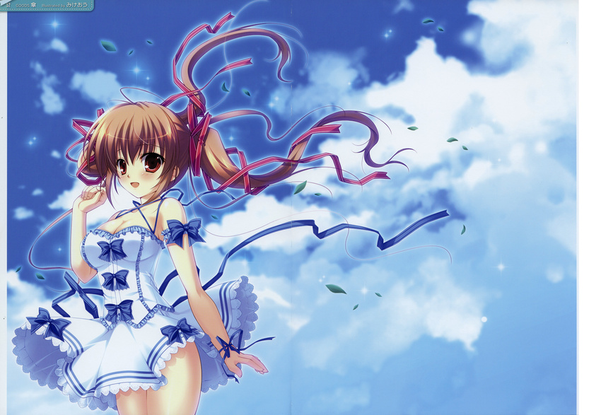 :d absurdres blue_bow blue_dress blue_sky blush bow breasts brown_eyes brown_hair cleavage cloud copyright_request day dress floating_hair highres leaf long_hair looking_at_viewer medium_breasts mikeou open_mouth outdoors puffy_short_sleeves puffy_sleeves ribbon short_sleeves sky smile solo standing tareme wallpaper wind wind_lift