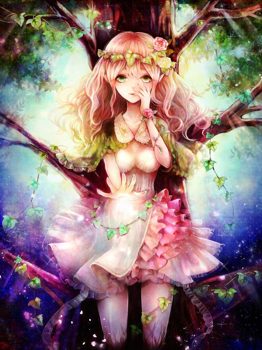 asymmetrical_clothes breasts cape clona commentary_request curly_hair dress flower frilled_dress frills green_eyes hair_flower hair_ornament hand_on_own_cheek hand_to_own_mouth highres light long_hair medium_breasts original outstretched_hand petals pink_hair plant pointy_ears rose solo standing tree vines wreath