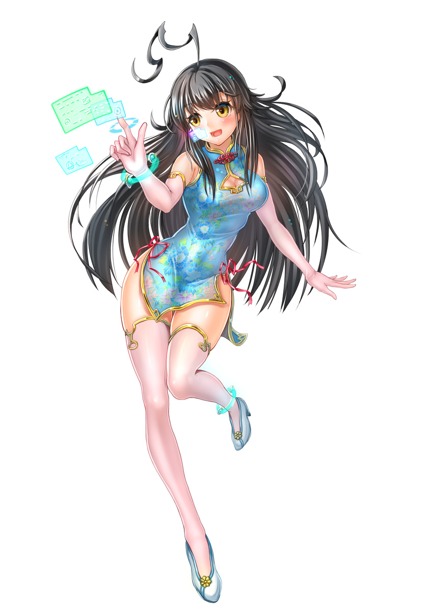 :d ahoge anklet bad_id bad_pixiv_id black_hair blue_dress blush bracelet breasts china_dress chinese_clothes cleavage cleavage_cutout dress elbow_gloves floral_print full_body gd._fengzi gloves high_heels highres holographic_interface holographic_touchscreen jewelry leg_up long_hair medium_breasts open_mouth original pink_gloves pink_legwear shoes side_slit simple_background smile solo thigh_gap thighhighs very_long_hair white_background yellow_eyes