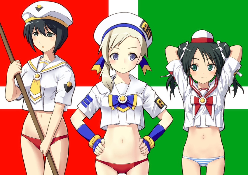 :o aqua_eyes aria aria_company_uniform black_eyes blonde_hair blue_eyes blush cosplay crop_top crop_top_overhang fingerless_gloves flag francesca_lucchini gloves green_hair hands_on_hips hat highres himeya_company_uniform hirohashi_ryou luciana_mazzei martina_crespi midriff military military_uniform mizuhashi_kaori multiple_girls naval_uniform navel open_mouth orange_planet_uniform owa_(ishtail) panties red_panties saitou_chiwa seiyuu_connection smile strike_witches striped striped_panties underwear uniform world_witches_series