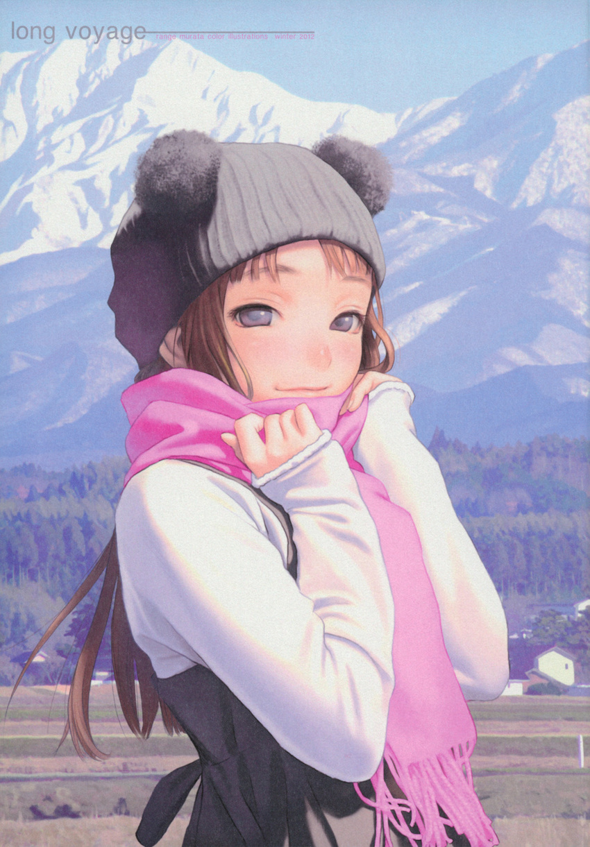 beanie blush brown_eyes brown_hair day hat highres long_hair long_sleeves mountain murata_renji original pink_scarf scan scarf scenery sky smile solo tree upper_body