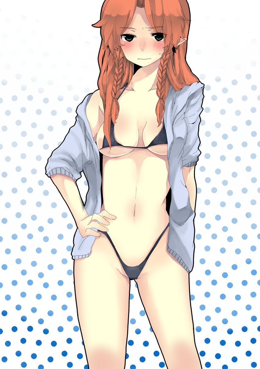 absurdres bikini black_bikini braid breasts brown_hair clover_(lapis_lazure) green_eyes highleg highleg_bikini highleg_swimsuit highres hong_meiling hood hooded_jacket hoodie jacket long_hair medium_breasts micro_bikini open_clothes open_hoodie pointy_ears sleeves_pushed_up solo swimsuit touhou twin_braids