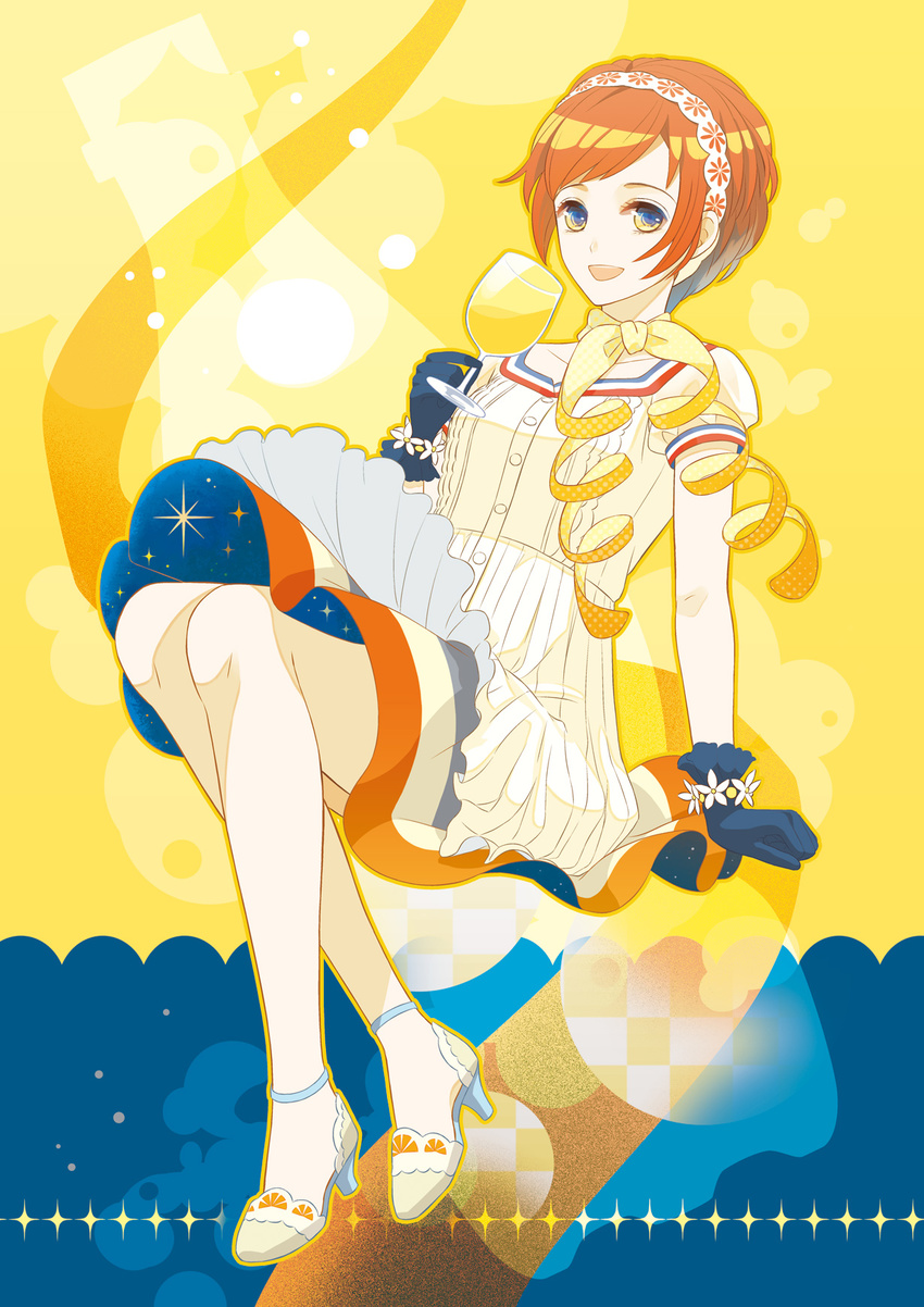 blue_eyes cup dress drink gloves high_heels highres legs looking_at_viewer orange_blossoms orange_hair orangina sawara_(ikusen) scarf shoes short_hair smile solo