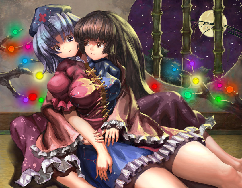 blue_eyes branch breasts brown_eyes brown_hair dress full_moon hat highres houraisan_kaguya jeweled_branch_of_hourai long_hair medium_breasts moon multiple_girls nurse_cap silver_hair sky star_(sky) starry_sky syuraime_0 touhou tree yagokoro_eirin yuri