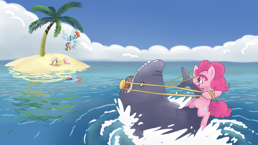 beach bit_gag blue_eyes blue_fur cutie_mark equine female feral fish fluttershy_(mlp) friendship_is_magic fur gag green_eyes group hair horse island mammal marine multi-colored_hair my_little_pony palm_tree pegasus pink_fur pink_hair pinkie_pie_(mlp) pony rainbow_dash_(mlp) rainbow_hair riding rope seaside shark spicyhamsandwich tree water wings yellow_fur